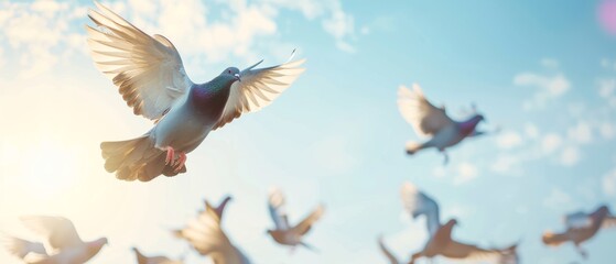 Obraz premium World peace concept with pigeon bird, Grey pigeon in the sky, Peaceful background, Unity and harmony symbol