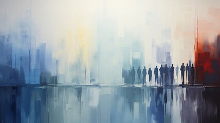 Fototapeta premium Passers-by, silhouettes of people in the urban landscape, walking in the rain, faded color background of the image, watercolor abstraction in white and blue tones