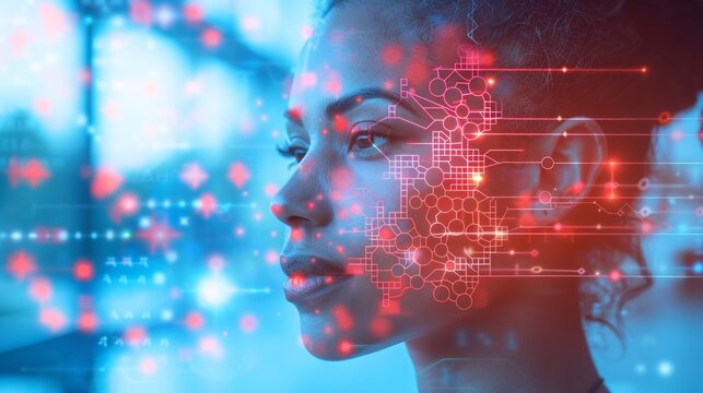 A womans face framed by intricate lines and dots, creating a visually striking pattern on her skin.