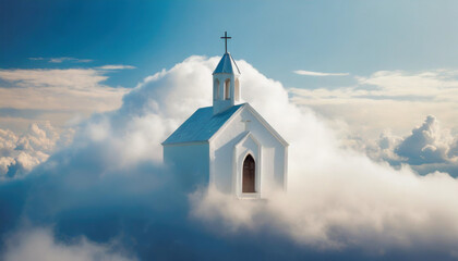 church in clouds symbolizes spiritual elevation and purity. Conceptual image for transcendence and divine connection