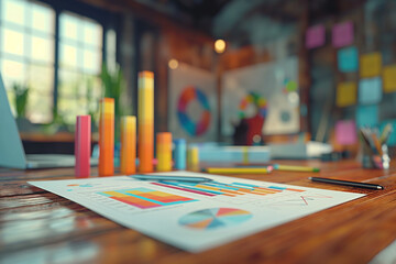 Fototapeta premium Vivid 3D bar graphs made of paper standing on a desk in a bright and lively creative office environment.
