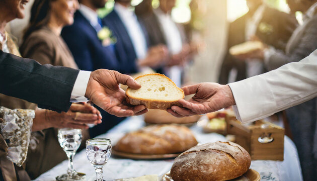 unity and spirituality as people share communion, breaking bread together.