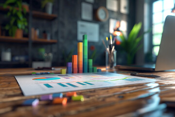 Fototapeta premium Vivid 3D bar graphs made of paper standing on a desk in a bright and lively creative office environment.