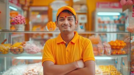 happy indian man standing at sweet shop