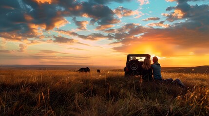 Fototapeta premium couple sitting on the floor Grass and a jeep in the grass field with wild animals in the background, the sunset 