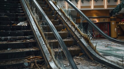 Abandoned escalators in an urban building for urban exploration or dystopian themed designs