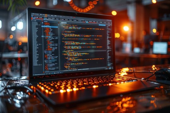 Close-up of a laptop displaying lines of code, signifying programming work in a casual cafe environment