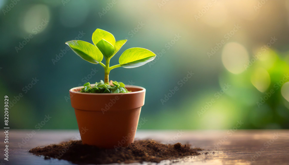 Wall mural green plant in small pot against soft focus backdrop, representing growth, vitality, and eco-friendliness