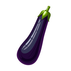 Dark purple eggplant with a vibrant green cap, rendered in flat vector style with subtle highlights, presented on a pristine white background for versatile use.