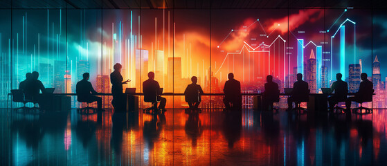 Silhouettes of business professionals analyzing financial data on a large screen in a modern office setting at night.
