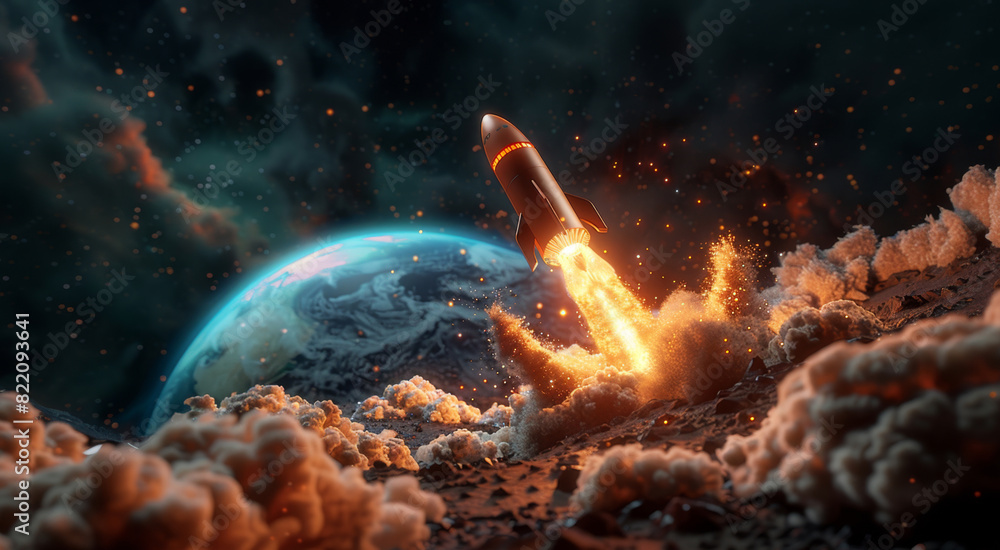 Aufkleber a rocket is launching into the sky with a planet visible in the background.