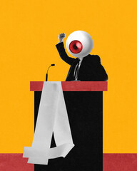 Vision of Authority. Political figure with intense red eye on head, standing at podium. Power and...