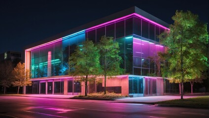 The image shows a modern glass building with pink neon lights shining through the windows, illuminating the sidewalk and street in front of it.

