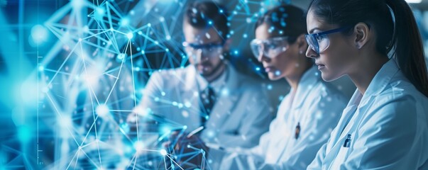 Team of scientists in lab coats and safety glasses analyzing data with a futuristic digital interface, representing advanced scientific research.
