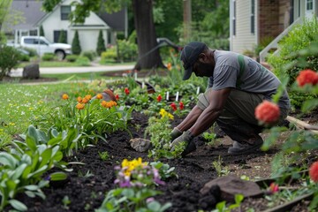 Expert Gardener Putting the Final Flourishes on a Newly Designed African American Family Landscape