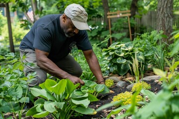 Expert Gardener Putting the Final Flourishes on a Newly Designed African American Family Landscape