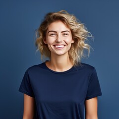 Navy background Happy european white Woman realistic person portrait of young beautiful Smiling Woman Isolated on Background ethnic diversity equality acceptance concept with copyspace