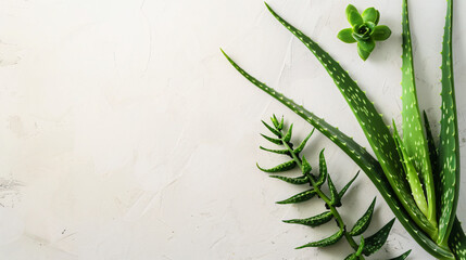 Flat lay composition with fresh aloe vera leaves and s