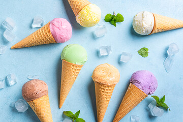 Various ice cream scoops in cones