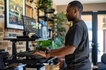 African American Remote Worker Using Adjustable Standing Desk in Home Office