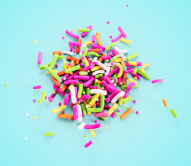 Colorful Sprinkles For Cake And Bakery Items Top View Scattered On Cyan Background 3D Illustration