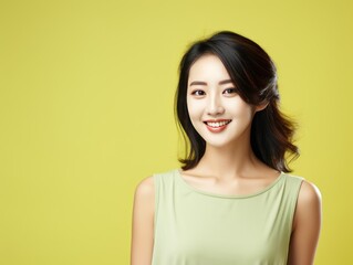 Olive background Happy Asian Woman Portrait of young beautiful Smiling Woman good mood Isolated on Background Skin Care Face Beauty Product Banner with copyspace