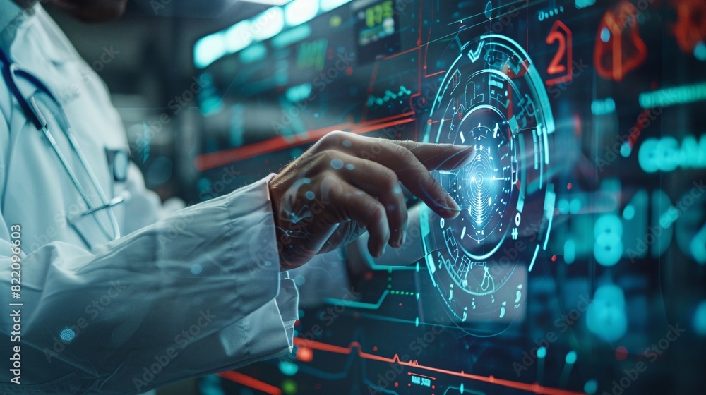 Poster cryptocurrency fintech theme with businessman using a tablet computer