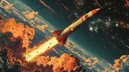 A retro-styled rocket ascends through a vibrant cloudscape into a starry night sky, trailing a bright plume of fiery exhaust.