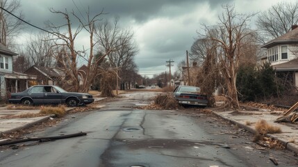 Gloomy urban landscape showing an abandoned, storm-damaged street with old cars and bare trees, creating a sense of desolation.