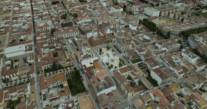 Aerial view of historic center with Spanish architecture in La Carolina, Andalusia, Spain.