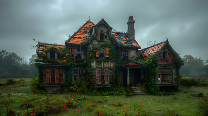 An old, abandoned house decorated for Halloween with broken windows and overgrown weeds