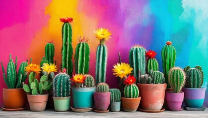 Vivid cacti pop against a backdrop of colorful wall.