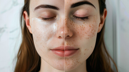 Young woman patient divided between before and after the aesthetic procedure in light background