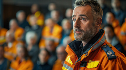 Fire safety officer giving a demonstration, audience paying attention selective focus, educational moment, dynamic, composite, community center backdrop