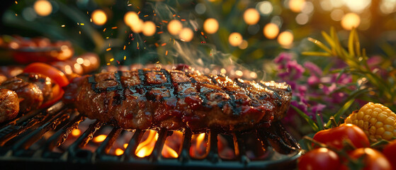 Friends enjoying a summer barbecue, grill sizzling with food close up, tasty gathering, vibrant, manipulation, garden backdrop