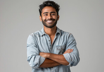 Obraz premium happy Handsome indian man wearing casual , standing with his arms crossed and smiling