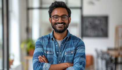 happy Handsome indian man wearing casual , standing with his arms crossed and smiling - Powered by Adobe