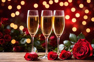 Sparkling wine champagne and red roses, special celebration for romantic valentines festive occasion