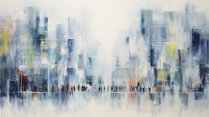 city, crowd of people on the street, art work painting in impressionism style, light background white and blue shade design