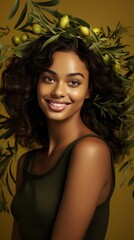 Olive background Happy black independant powerful Woman Portrait of young beautiful Smiling girl good mood Isolated on Background Skin Care Face Beauty Product