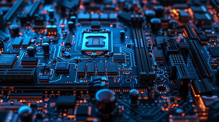 Computer board hardware motherboard microelectronics server cpu chip semiconductor circuit core blue technology background or blue texture with processors concept electronic device
