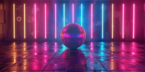  disco ball with colorful neon lights with  empty dance floor 
 background