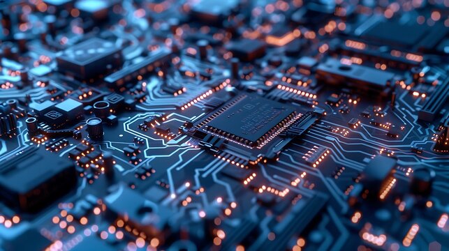 Computer board hardware motherboard microelectronics server cpu chip semiconductor circuit core blue technology background or blue texture with processors concept electronic device