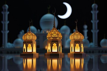 Fototapeta premium Creative portrayal of Islamic art Paper lanterns, crescent moon crafted in cinema 4d with adorable toy sculptures