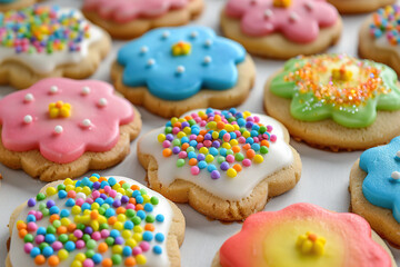 Background for National Sugar Cookie Day, every year July 9. Holiday cakes with different colored sprinkles 