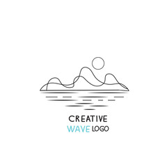 Abstract line art logo, vector ocean and mountains black waves or lake in sunlight icon design.