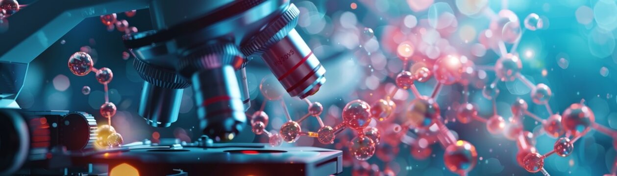 Close-up of a microscope examining biological samples with red molecules, highlighting scientific research in a laboratory setting.
