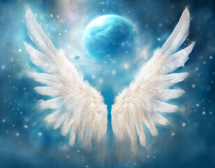 beautiful white angel wings with blue planet and stars, realistic illustration of spiritual and religious concept 