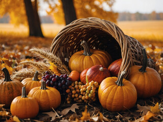 Golden Thanksgiving Atmosphere, Vibrant Fall Background with Cornucopia