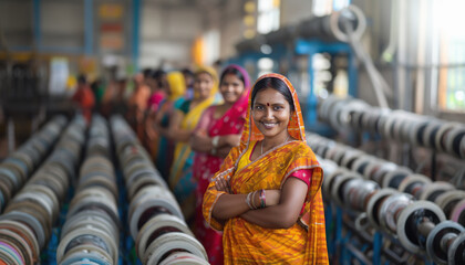 indian rural women group standing confidently at factory